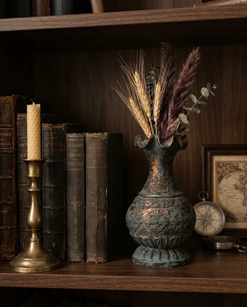 Vintage Ruffled Verdigris Vase – Ornate Embossed Resin Pedestal Urn