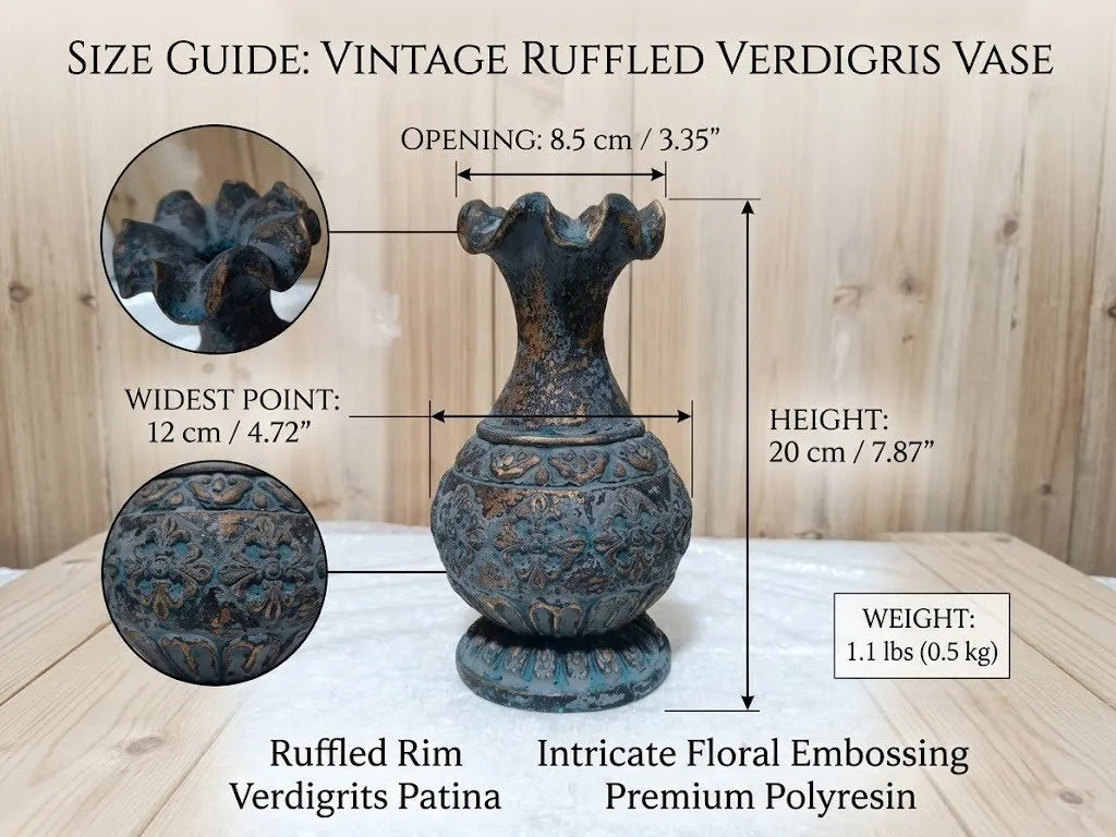 Vintage Ruffled Verdigris Vase – Ornate Embossed Resin Pedestal Urn
