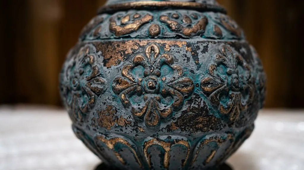 Vintage Ruffled Verdigris Vase – Ornate Embossed Resin Pedestal Urn