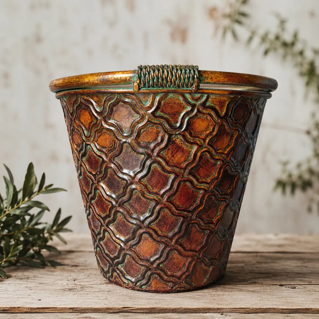 Vintage Embossed Copper Planter – Rustic Moroccan Trellis Cachepot with Verdigris Patina (8.9")