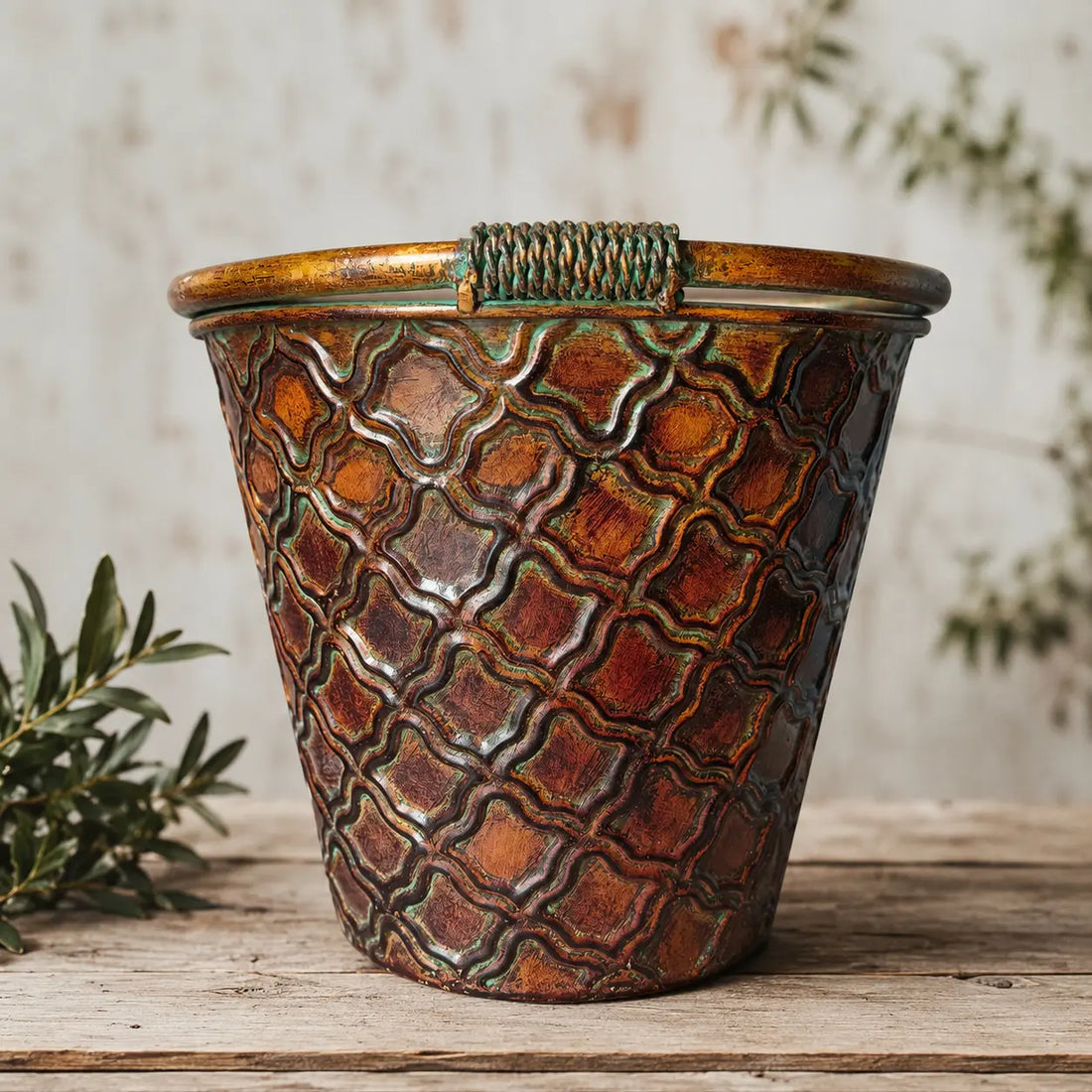 Vintage Embossed Copper Planter – Rustic Moroccan Trellis Cachepot with Verdigris Patina (8.9")