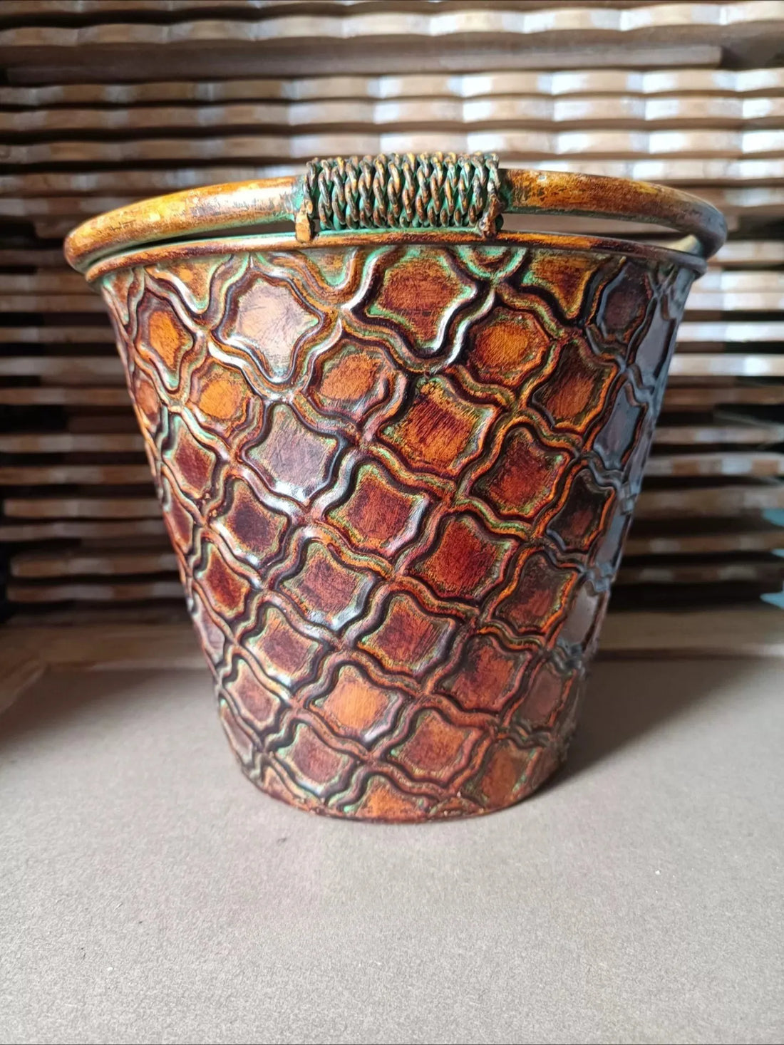 Vintage Embossed Copper Planter – Rustic Moroccan Trellis Cachepot with Verdigris Patina (8.9")