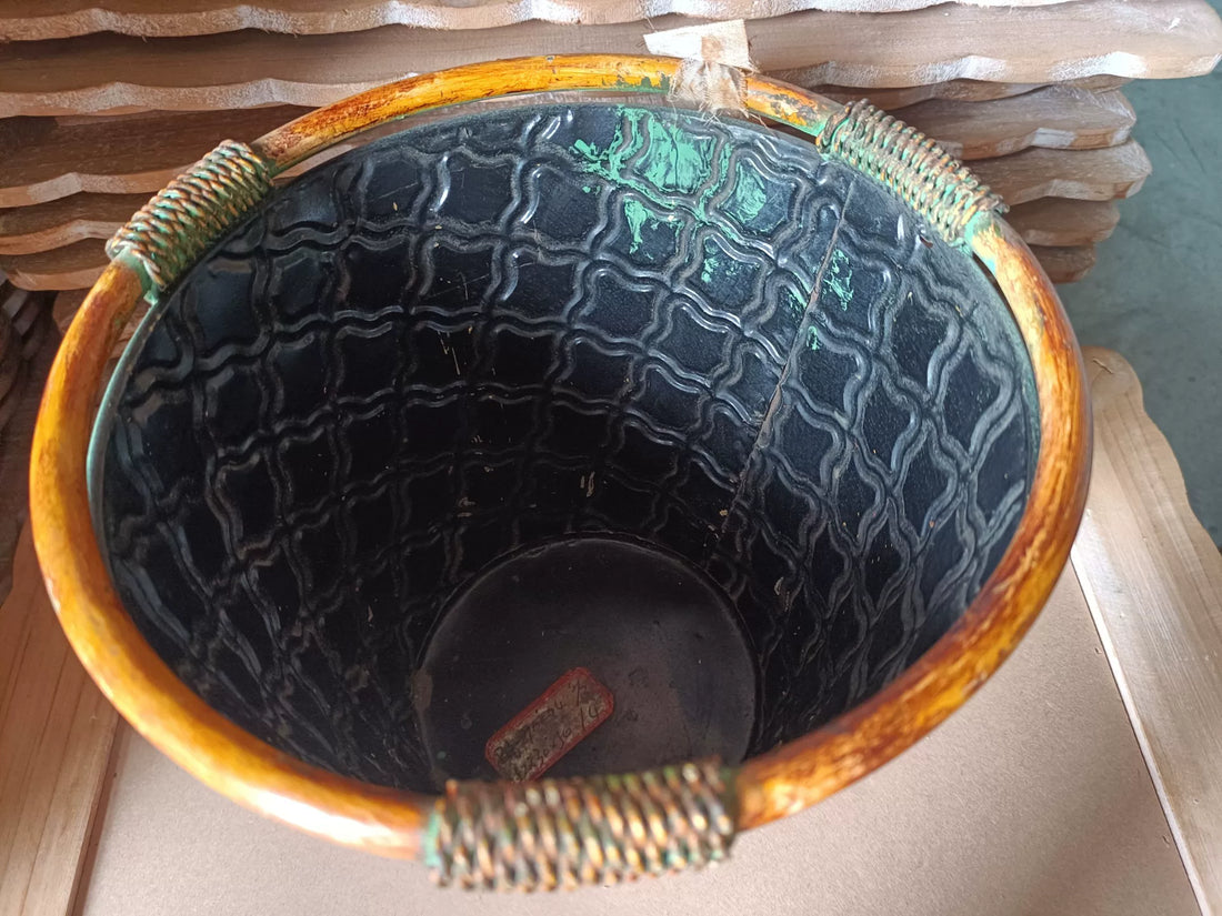 Vintage Embossed Copper Planter – Rustic Moroccan Trellis Cachepot with Verdigris Patina (8.9")