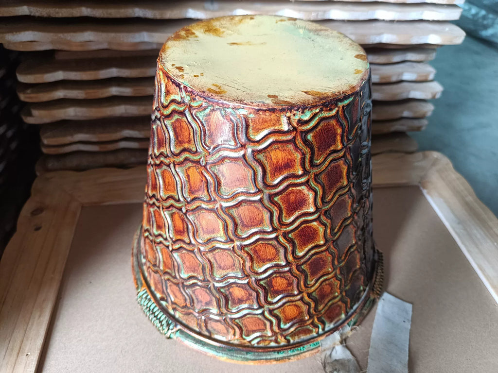 Vintage Embossed Copper Planter – Rustic Moroccan Trellis Cachepot with Verdigris Patina (8.9")