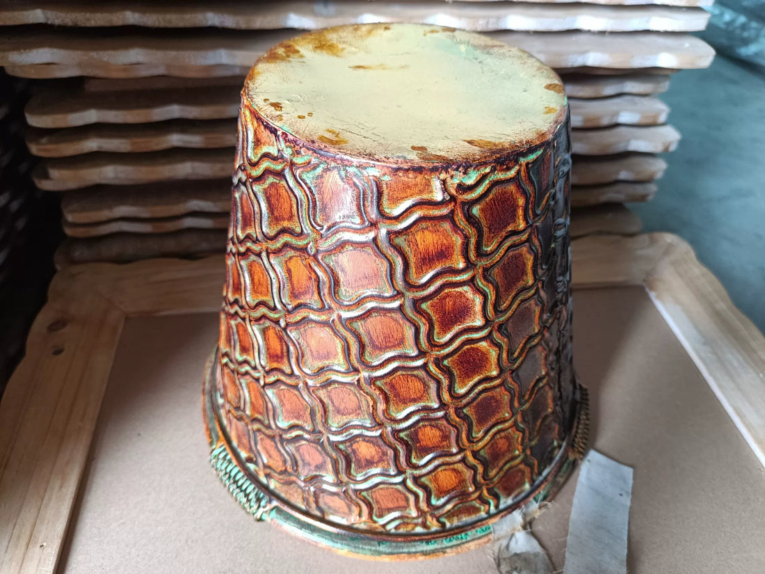 Vintage Embossed Copper Planter – Rustic Moroccan Trellis Cachepot with Verdigris Patina (8.9")