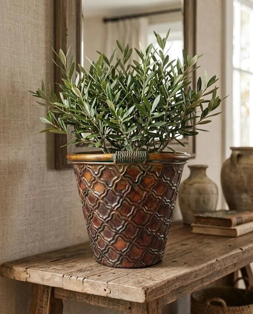 Vintage Embossed Copper Planter – Rustic Moroccan Trellis Cachepot with Verdigris Patina (8.9")