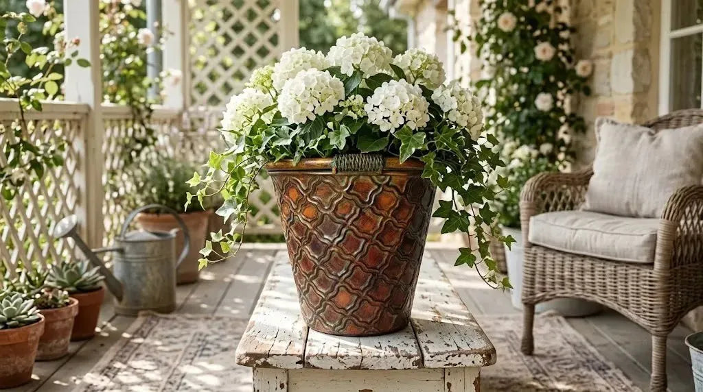 Vintage Embossed Copper Planter – Rustic Moroccan Trellis Cachepot with Verdigris Patina (8.9")