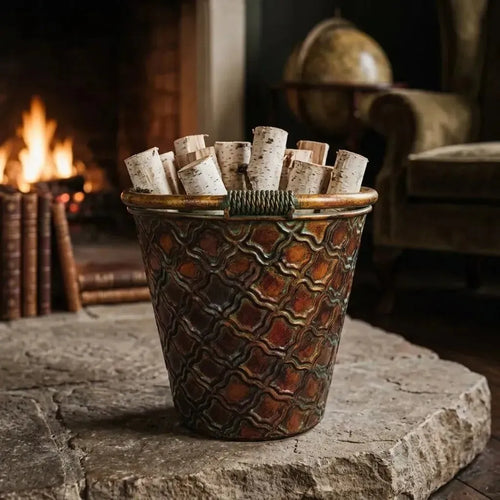 Vintage Embossed Copper Planter – Rustic Moroccan Trellis Cachepot with Verdigris Patina (8.9")