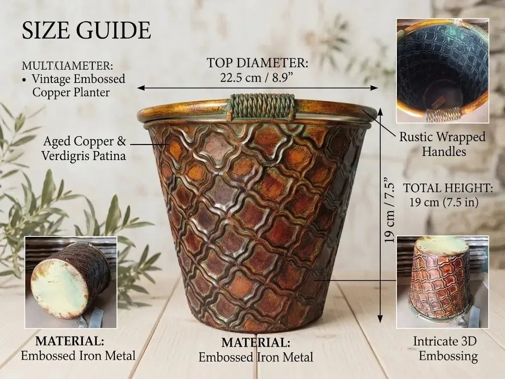 Vintage Embossed Copper Planter – Rustic Moroccan Trellis Cachepot with Verdigris Patina (8.9")