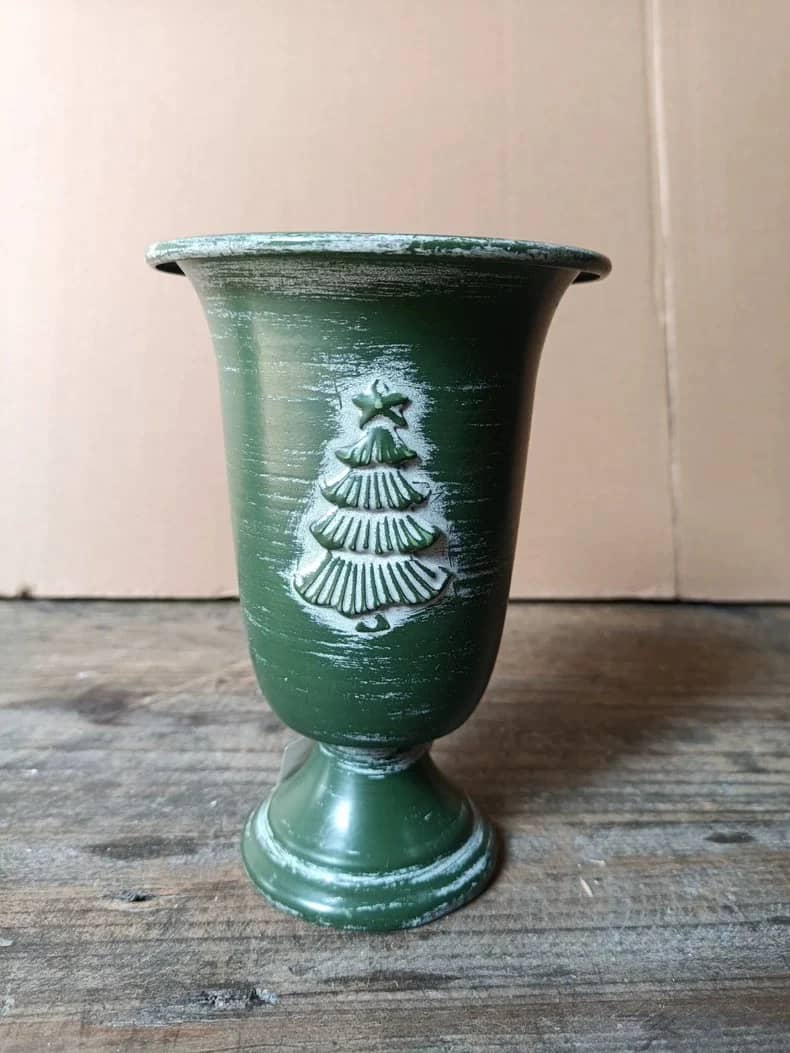 Distressed forest green Christmas tree relief vase with flared rim and pedestal base