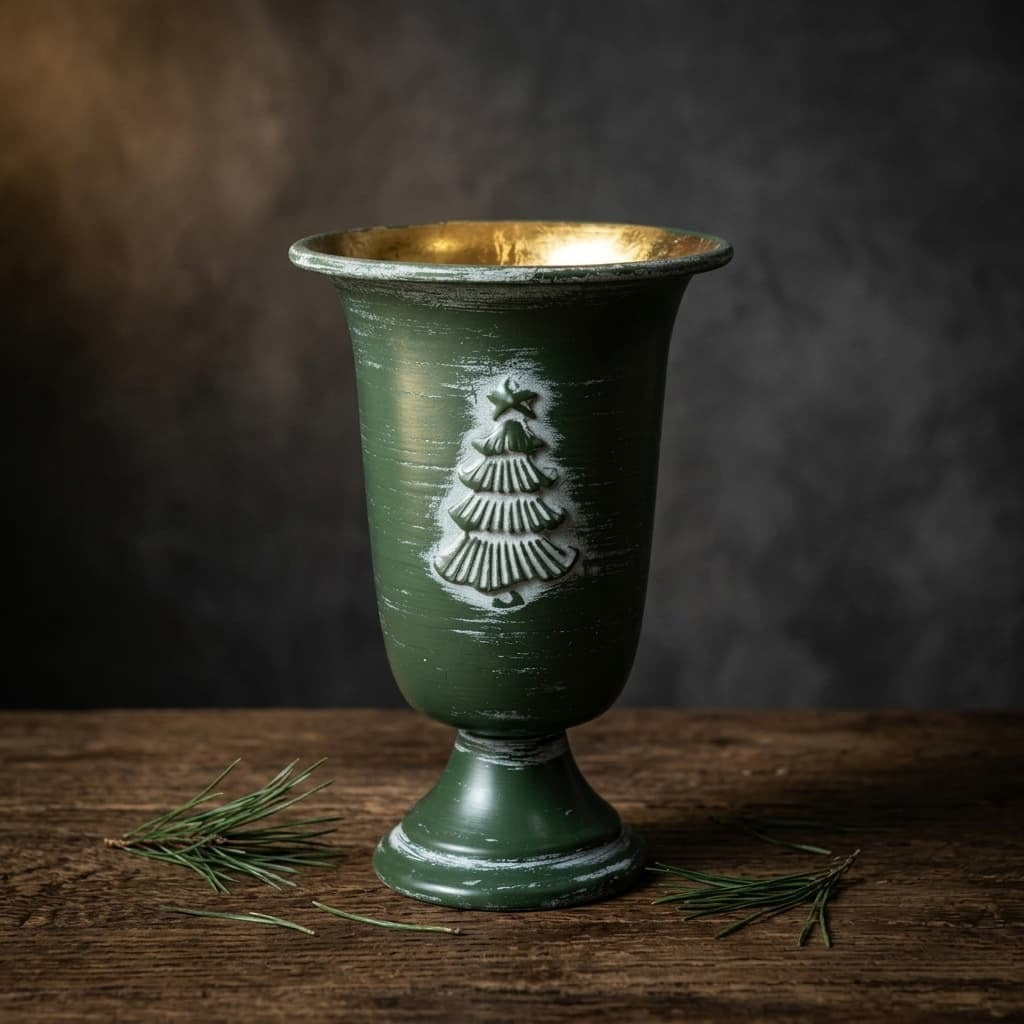 Capture the essence of a cozy winter chalet with our Antiqued Evergreen Pedestal Planter.