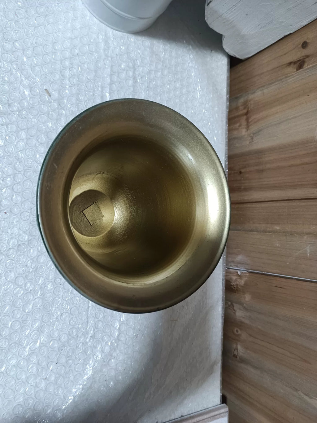 Vintage Green Holiday Pedestal Planter – Distressed Metal Urn with Christmas Tree Relief & Gold Interior (6.7" Tall)