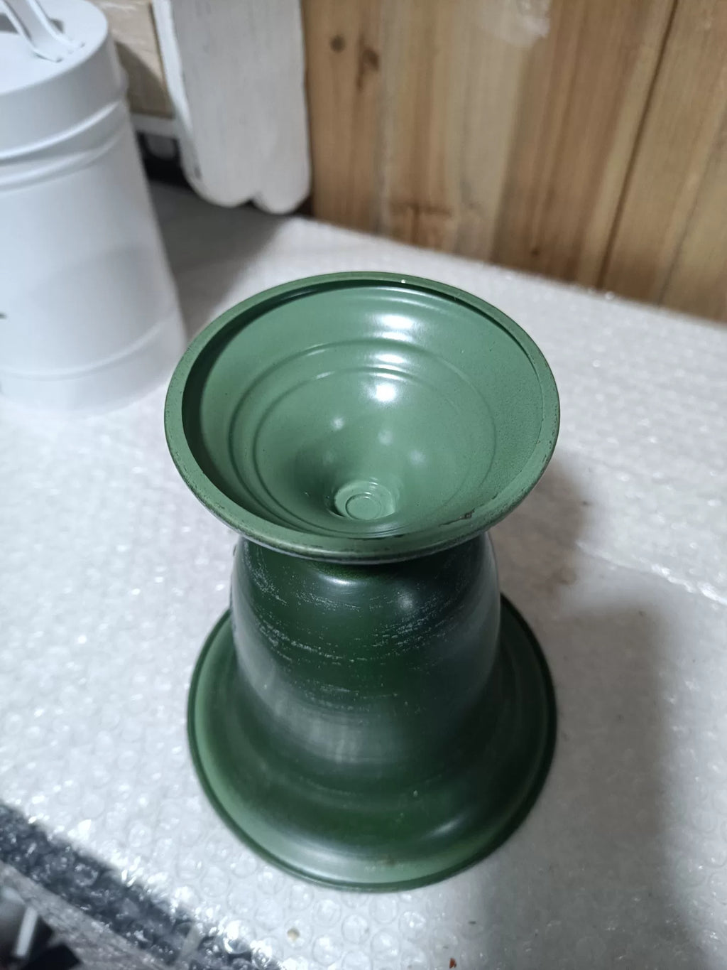 Vintage Green Holiday Pedestal Planter – Distressed Metal Urn with Christmas Tree Relief & Gold Interior (6.7" Tall)