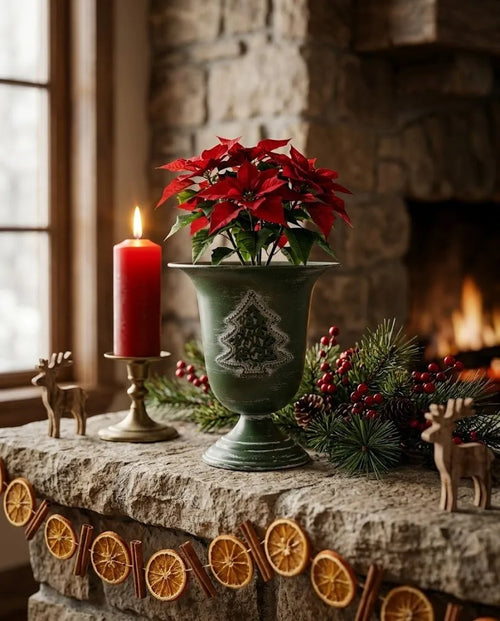 Vintage Green Holiday Pedestal Planter – Distressed Metal Urn with Christmas Tree Relief & Gold Interior (6.7" Tall)