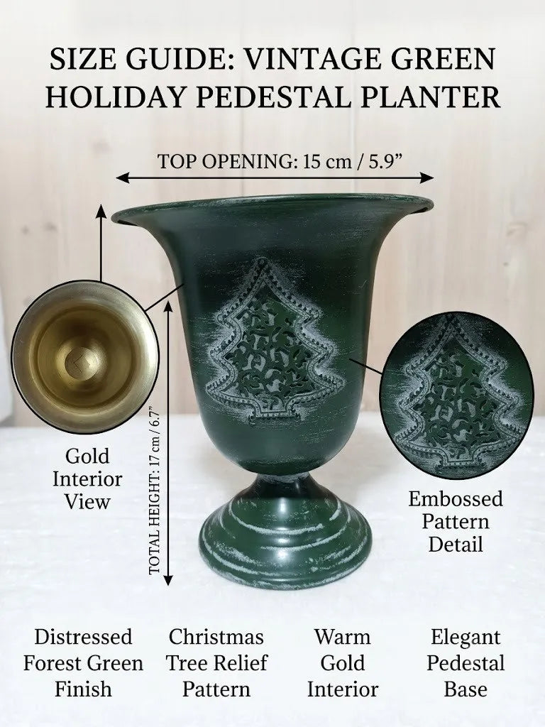 Vintage Green Holiday Pedestal Planter – Distressed Metal Urn with Christmas Tree Relief & Gold Interior (6.7" Tall)