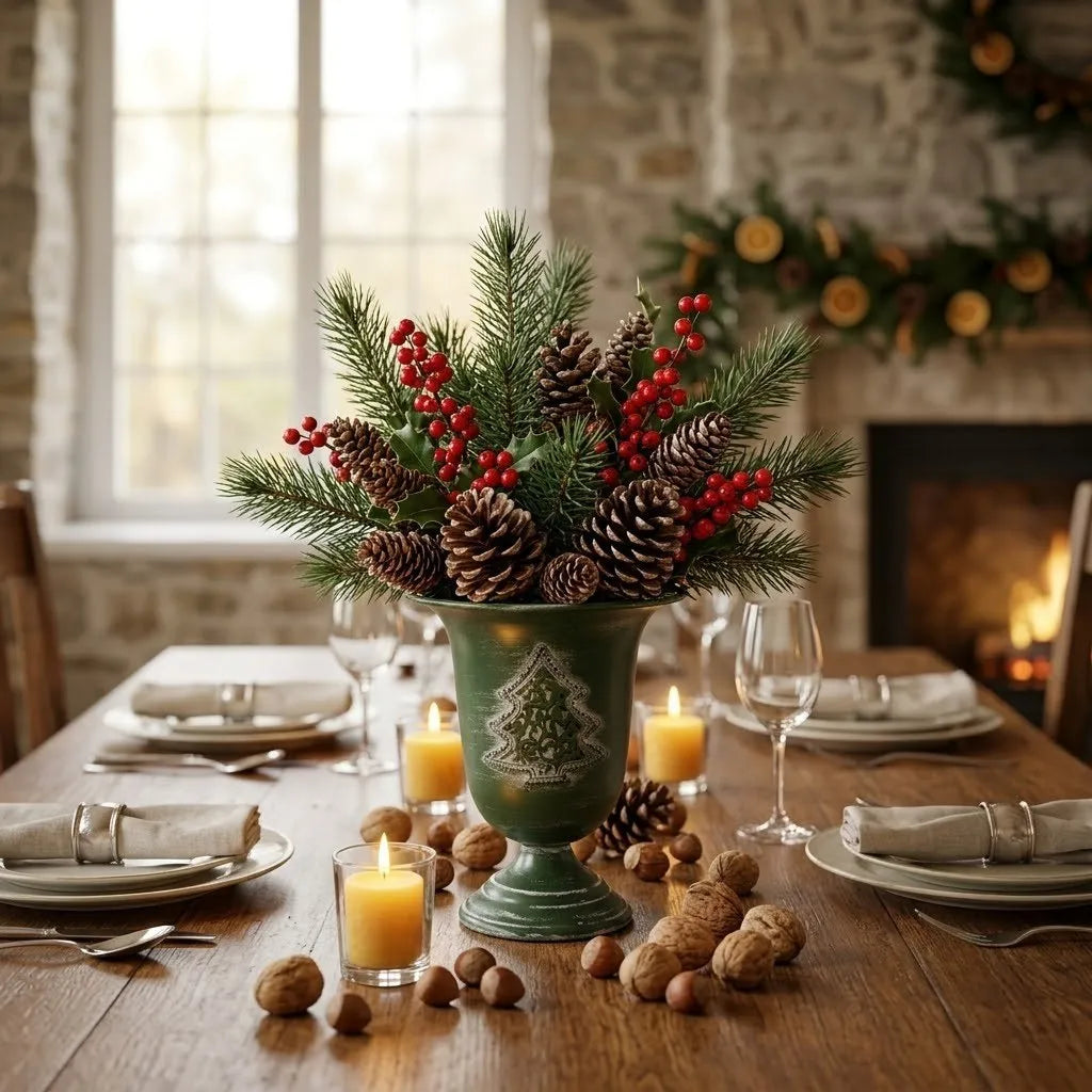 Decorative Christmas table setting with a green vase, candles, and pinecones.
