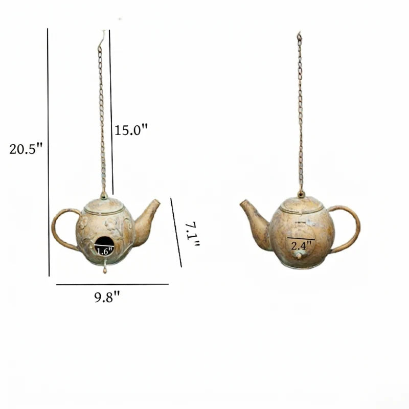 Measurement chart of a hanging teapot with dimensions labeled.