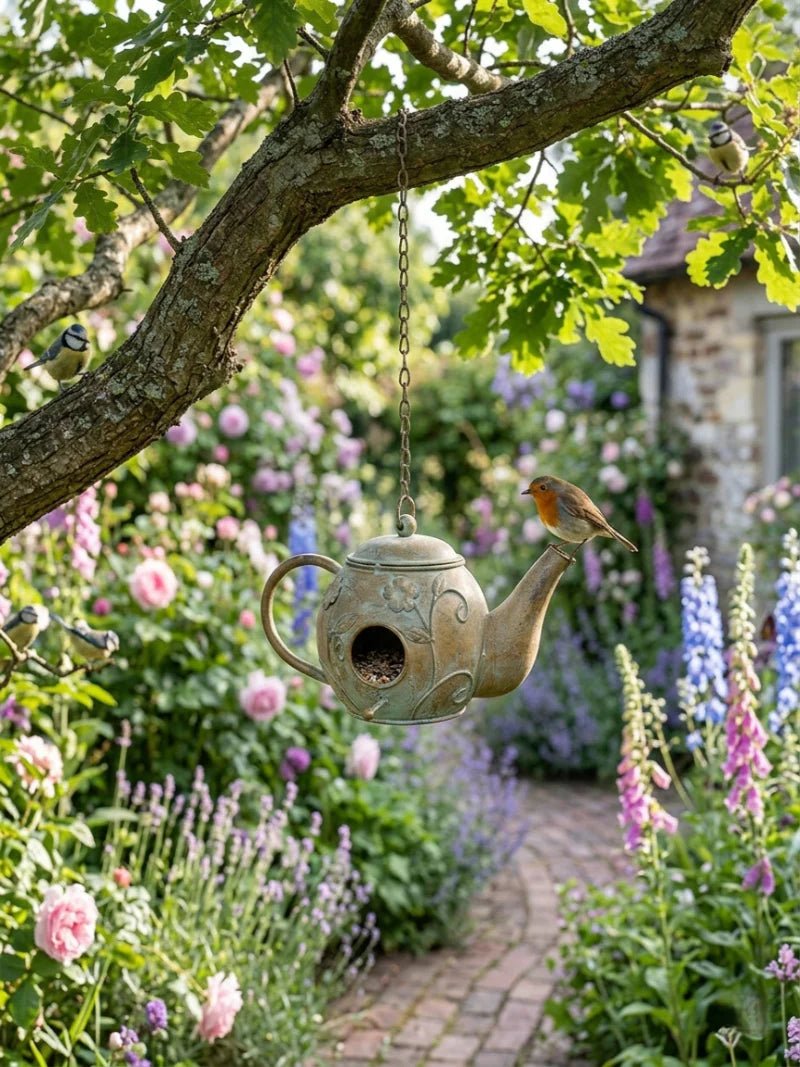 Whimsical Iron Teapot Bird Feeder – Vintage Hanging Garden Art & Seed Dispenser - The Curated Shop