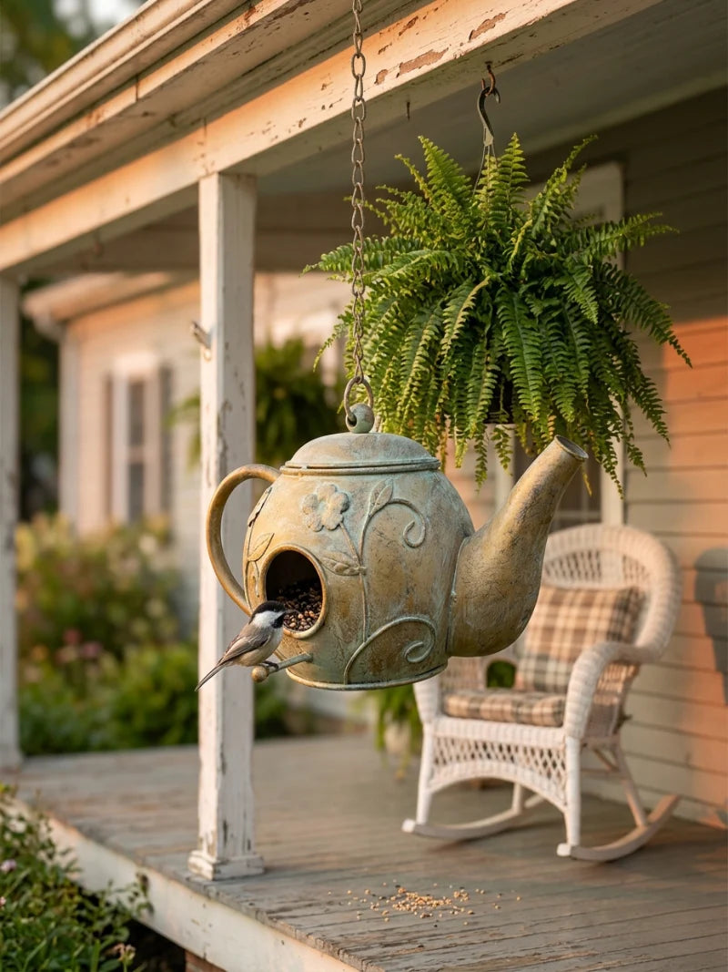 Decorative teapot bird feeder on a porch with a hanging plant and wicker chair.