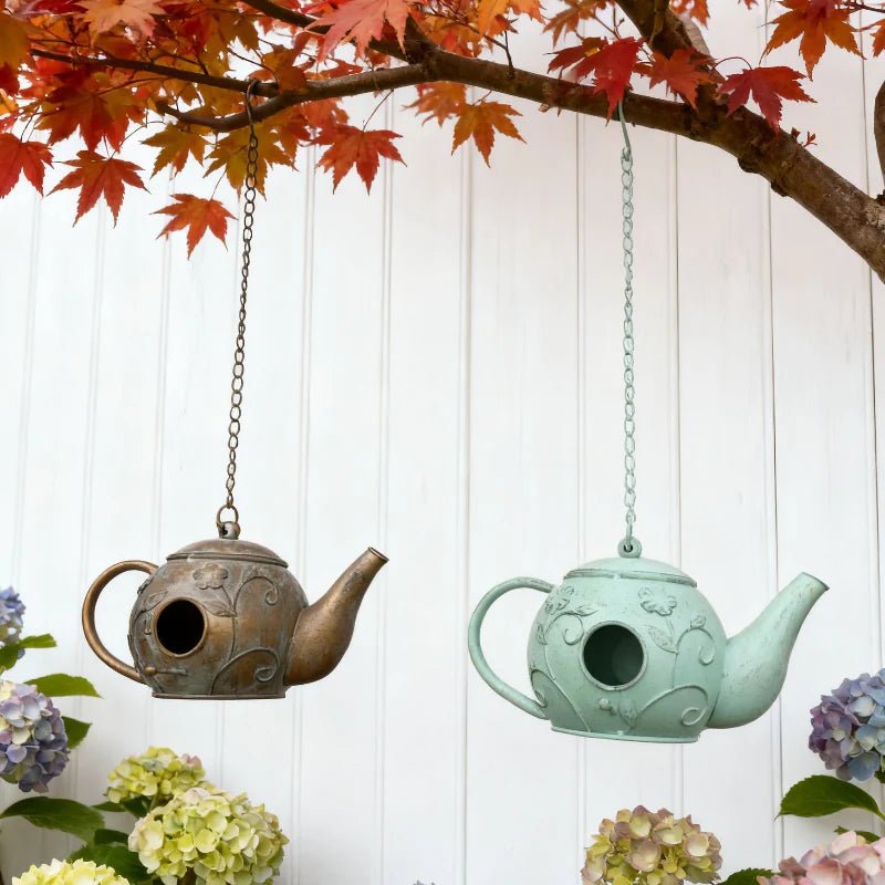 Whimsical Iron Teapot Bird Feeder – Vintage Hanging Garden Art & Seed Dispenser - The Curated Shop