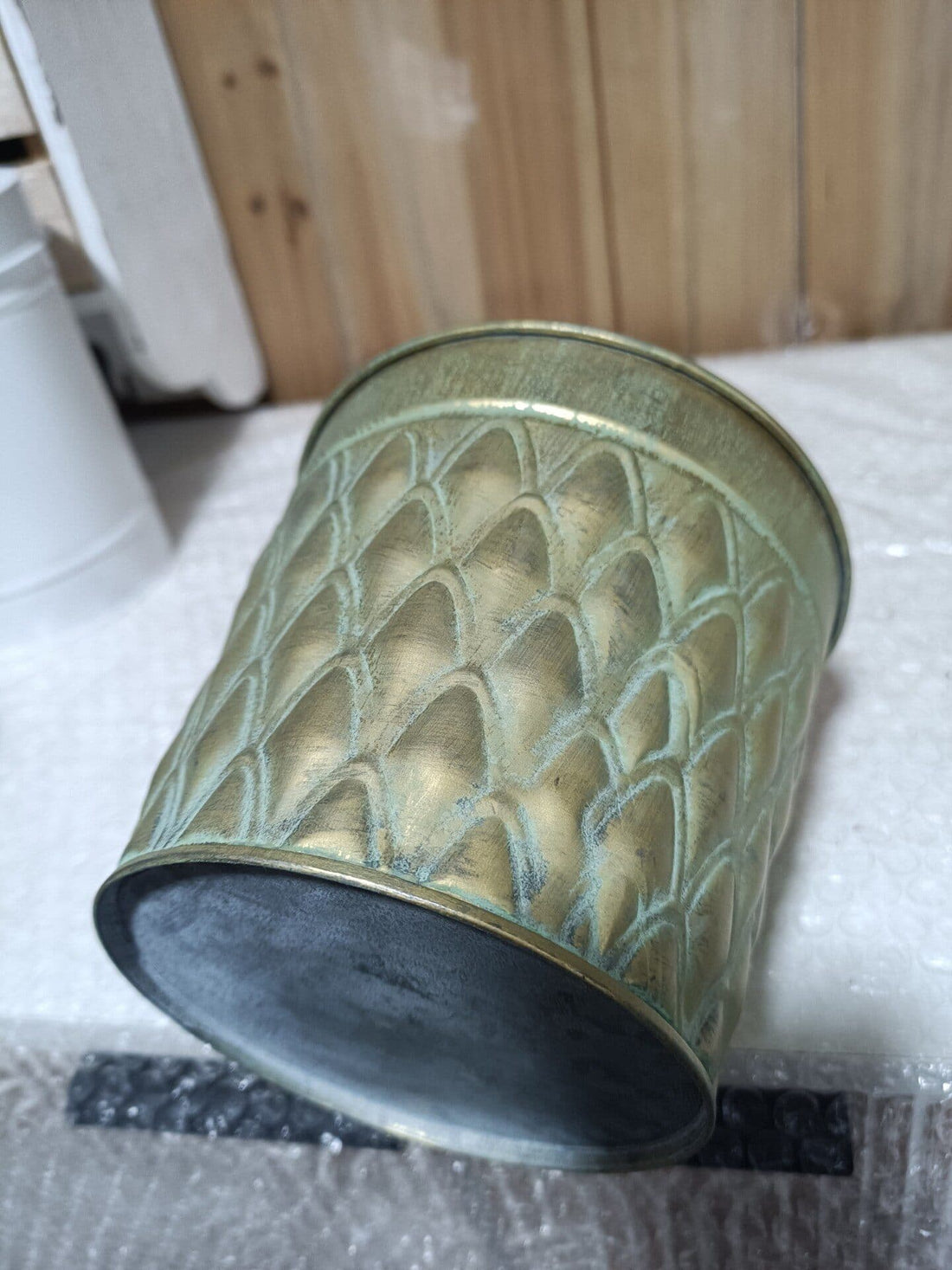 Vintage Verdigris Metal Planter – Embossed Scalloped Iron Cachepot & Desk Organizer (5.9" Diameter) - The Curated Shop