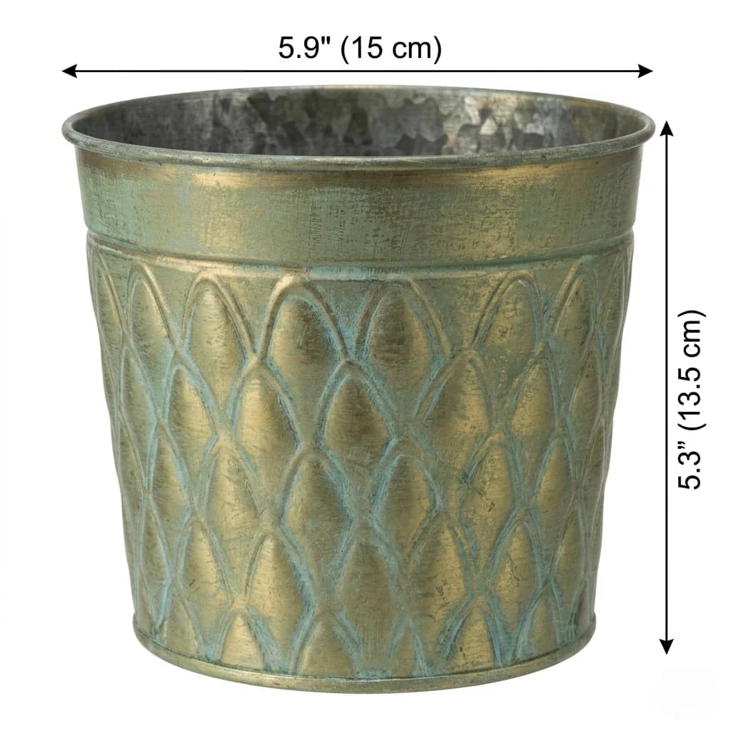 Vintage Verdigris Metal Planter – Embossed Scalloped Iron Cachepot & Desk Organizer (5.9" Diameter) Size