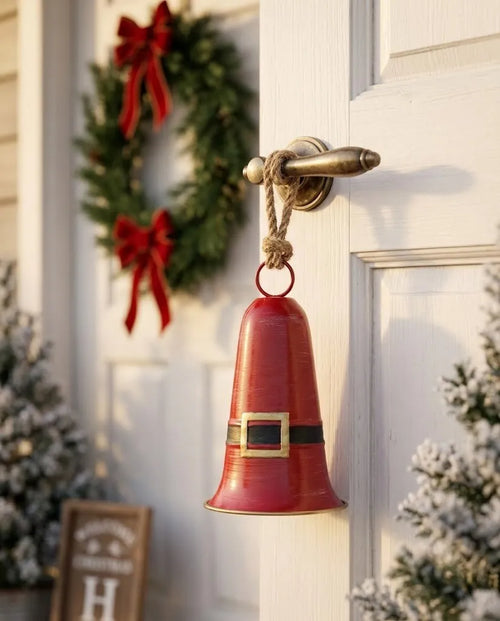 Vintage Metal Santa Claus Bell – Distressed Rustic Farmhouse Christmas Decor with Jute Rope (9.1" Tall)