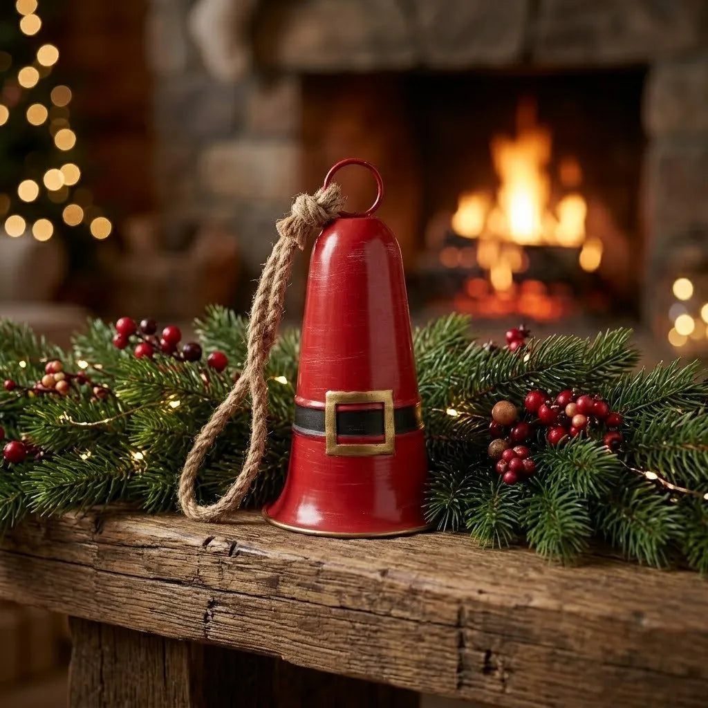 Red vintage metal Santa bell with distressed finish, jute rope loop, and pedestal base.