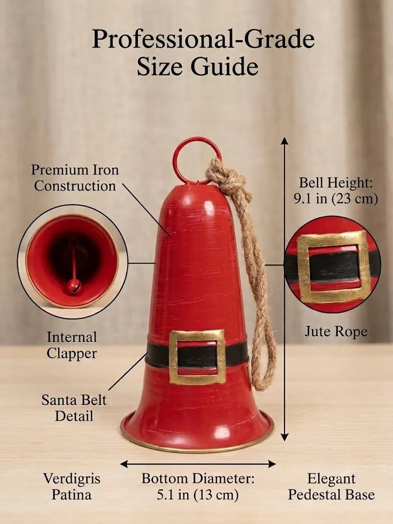 Red metal Santa bell with jute rope, faux belt band detail, and clapper top.