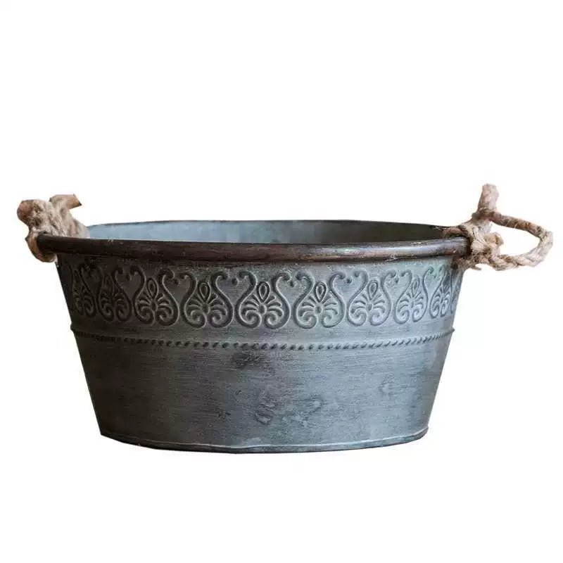Vintage Galvanized Metal Planter Bucket – Rustic Embossed Farmhouse Tub with Jute Rope Handles (3 Sizes) - The Curated Shop