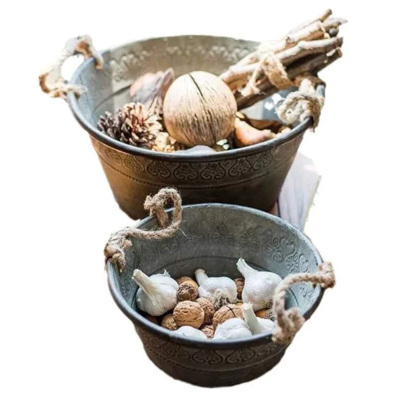 Vintage Galvanized Metal Planter Bucket with Rope Handles – Rustic Farmhouse Garden Decor 2