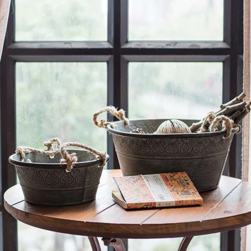 Vintage Galvanized Metal Planter Bucket – Rustic Embossed Farmhouse Tub with Jute Rope Handles (3 Sizes)