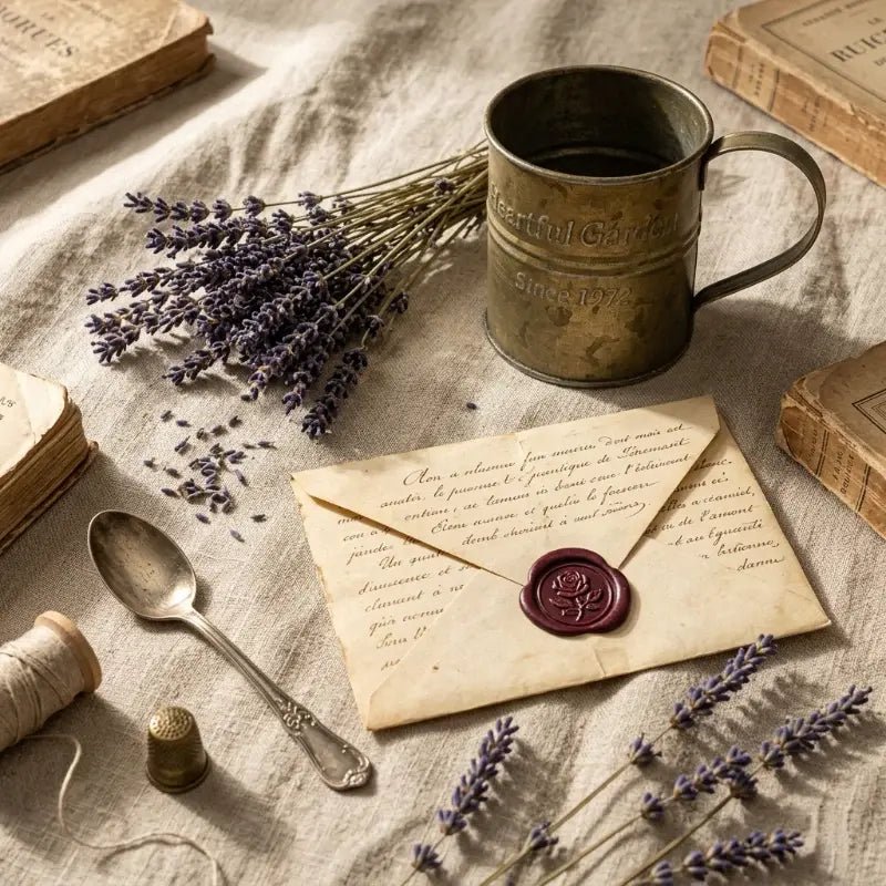 Rustic metal teacup planter with handle, 'Heartful Garden' text, with lavender sprigs nearby