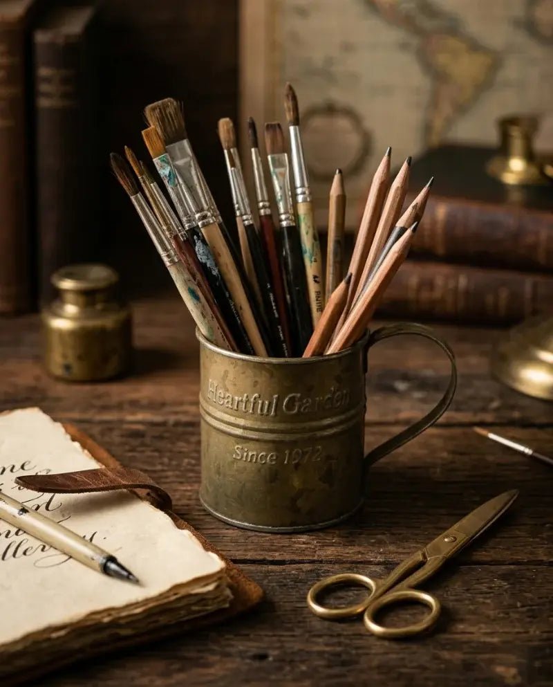 Rustic metal teacup planter with handle, 'Heartful Garden' text, holding assorted paintbrushes