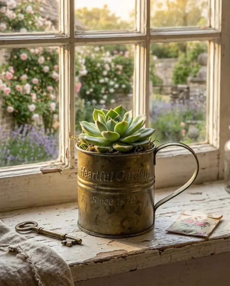 Rustic metal teacup planter with curved handle, holding a small succulent