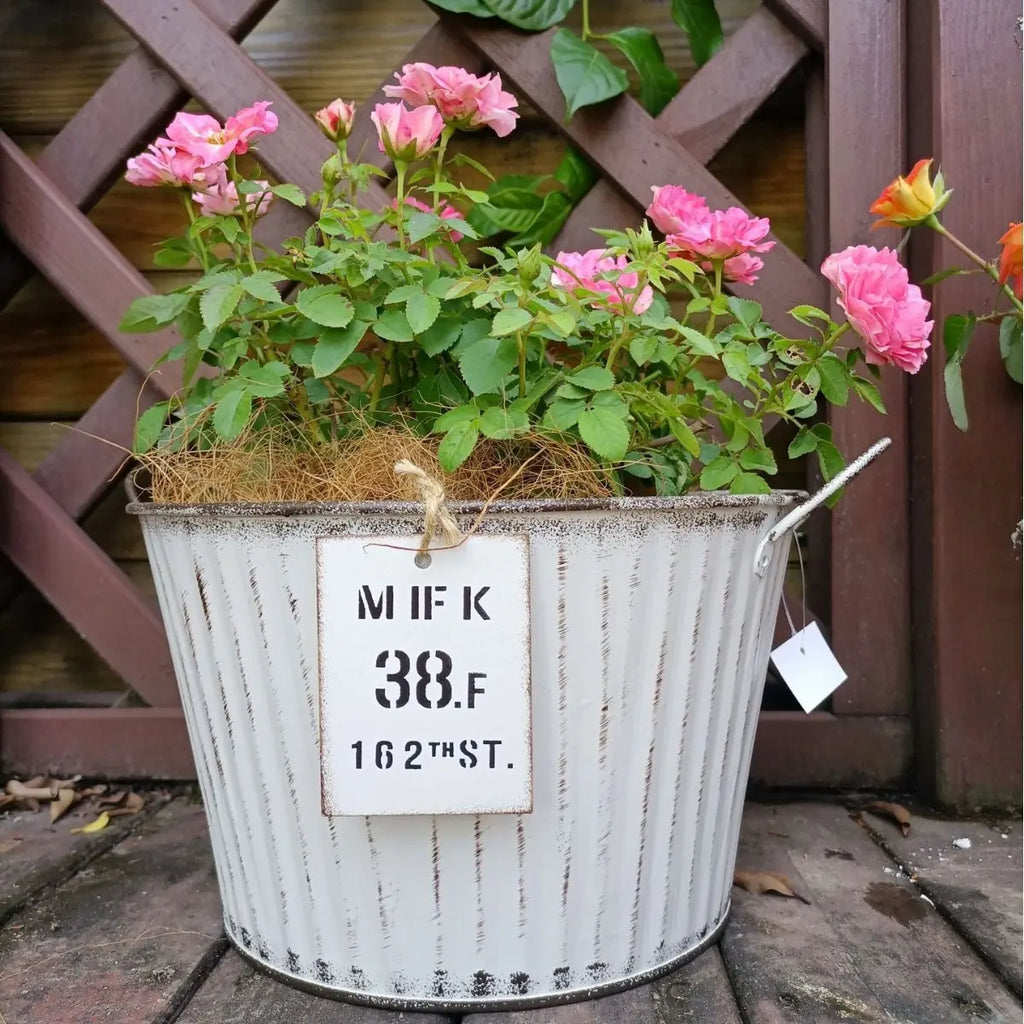 Potted plant with pink flowers in a rustic metal container on a wooden deck.