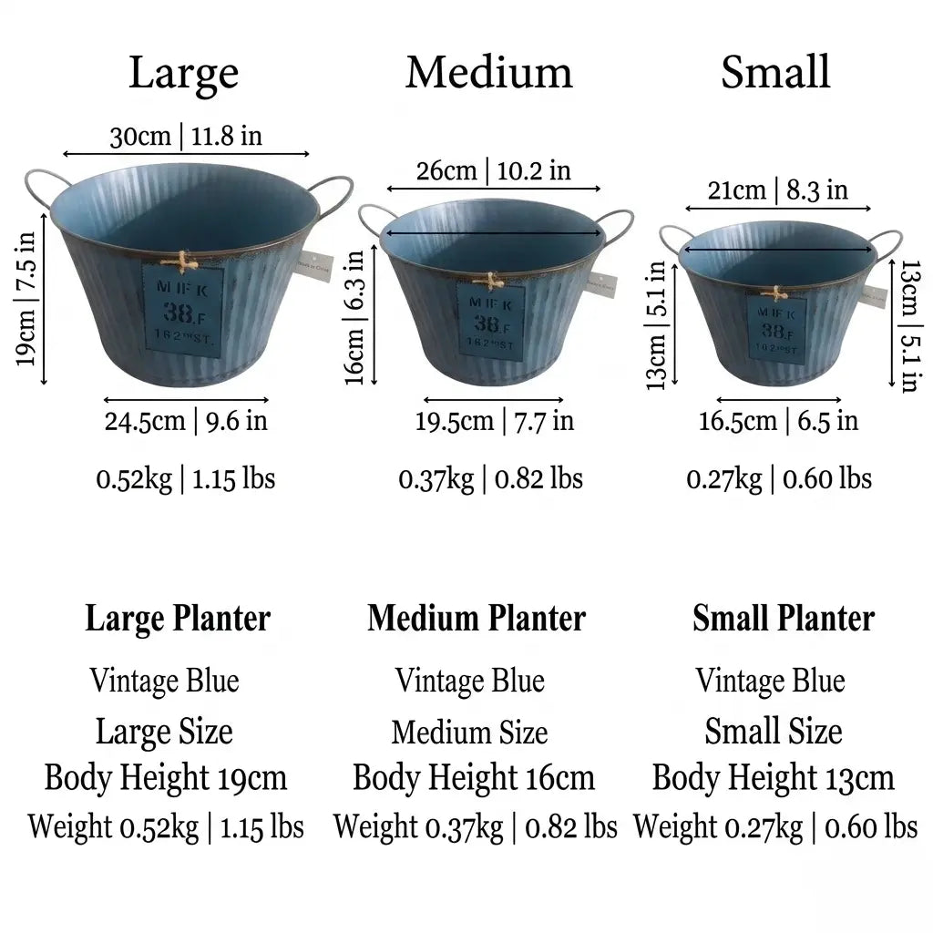Measurement chart comparing large, medium, and small blue planters with dimensions and weights.