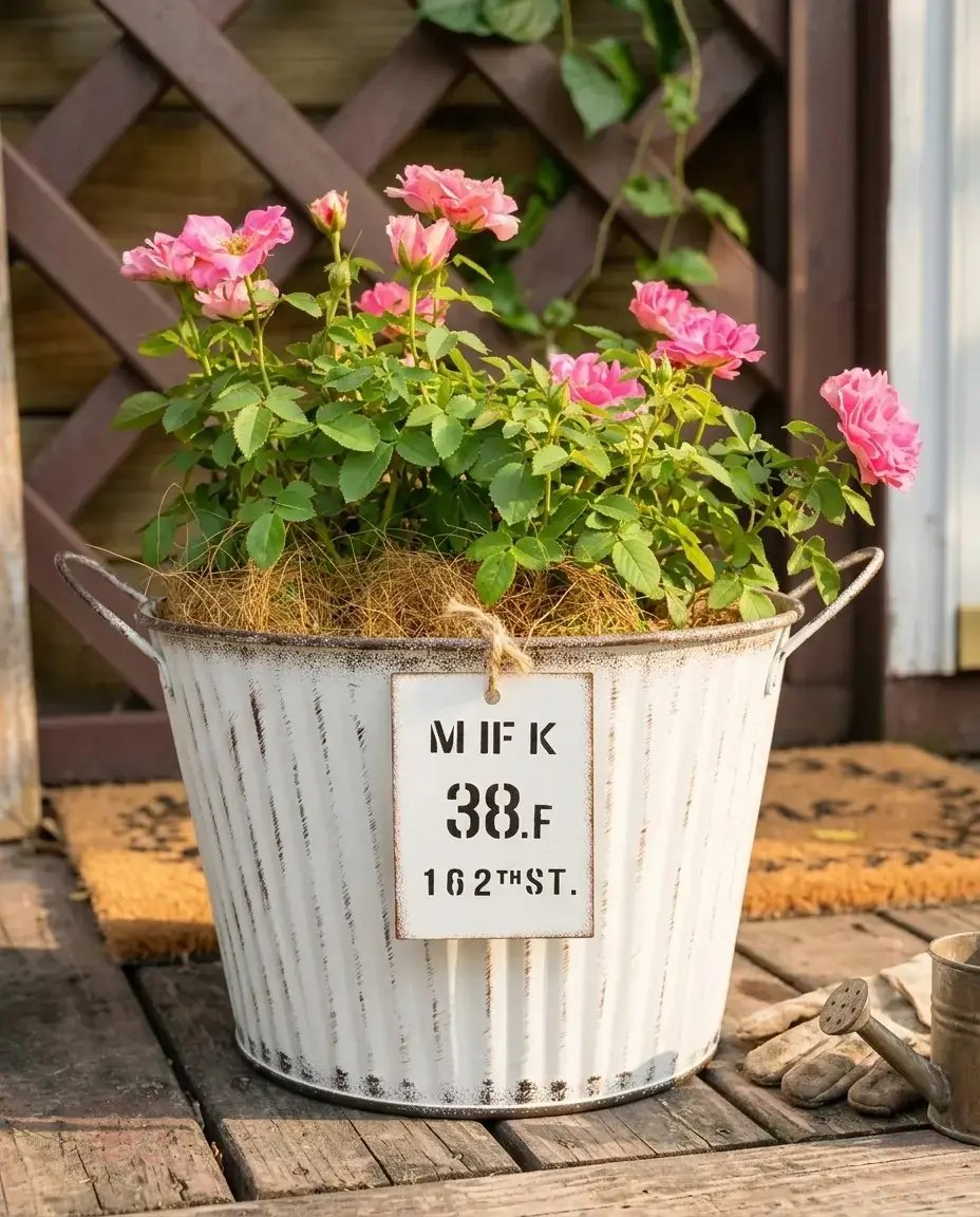 Potted plant with pink flowers in a metal bucket on a wooden deck