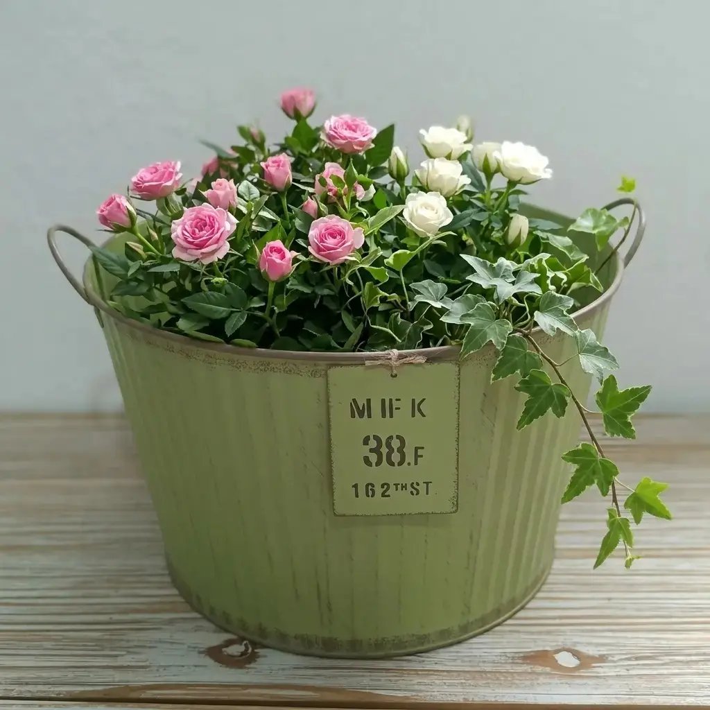Decorative metal bucket with pink and white flowers on a wooden surface