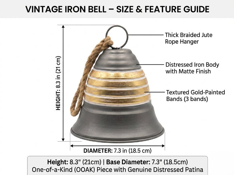 Vintage iron bell wind chime feature guide: jute rope, distressed body, gold bands