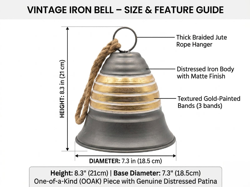 Vintage iron bell with gold bands and jute rope hanger, featuring size and feature guide.