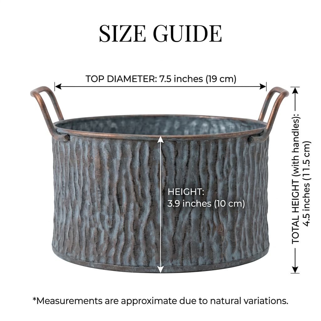 Size guide for a metal planter with dimensions labeled