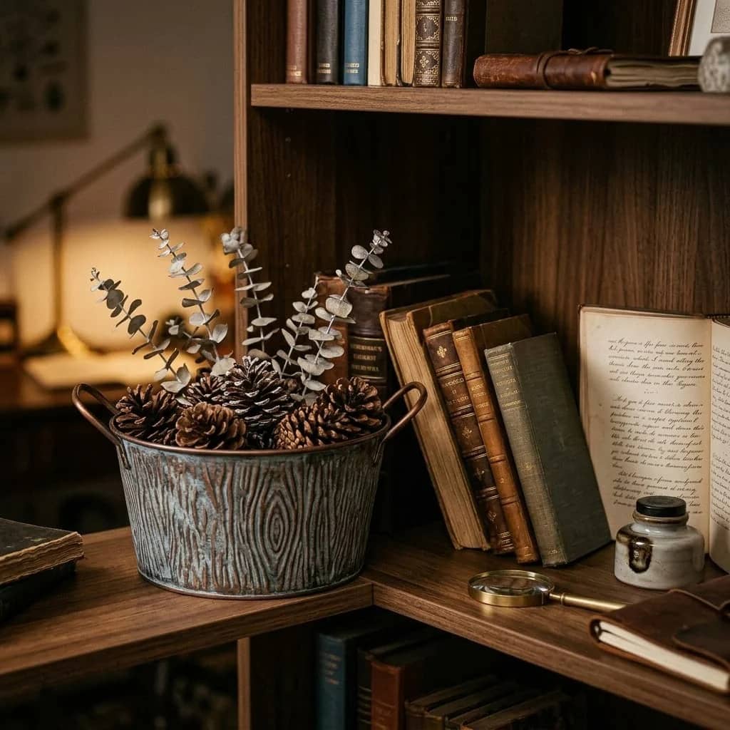 Decorative arrangement of pinecones and branches in a metal container on a wooden shelf with books and a magnifying glass.