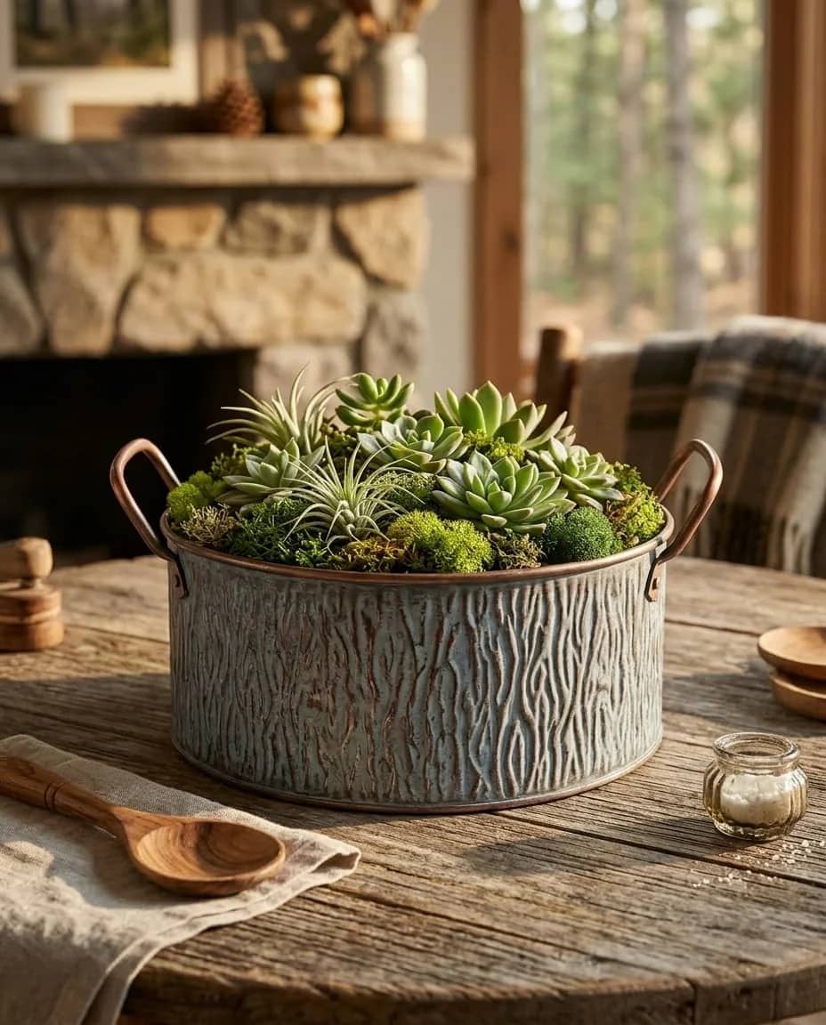 Decorative planter with succulents on a wooden table in a cozy room.