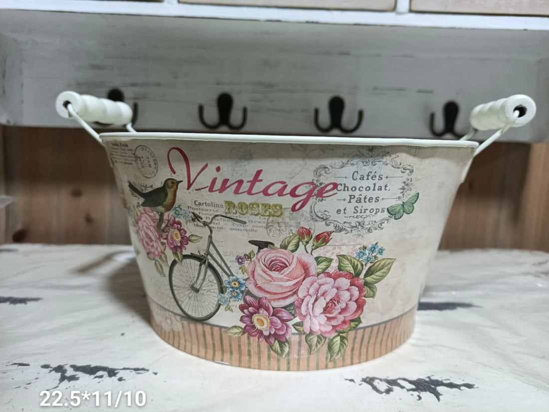 Vintage Floral Metal Planter with Handles | French Country Flower Bucket