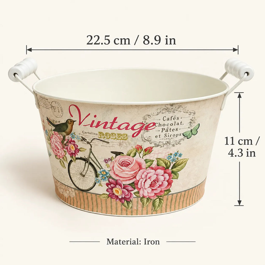 Vintage Floral Metal Planter with Handles | French Country Flower Bucket