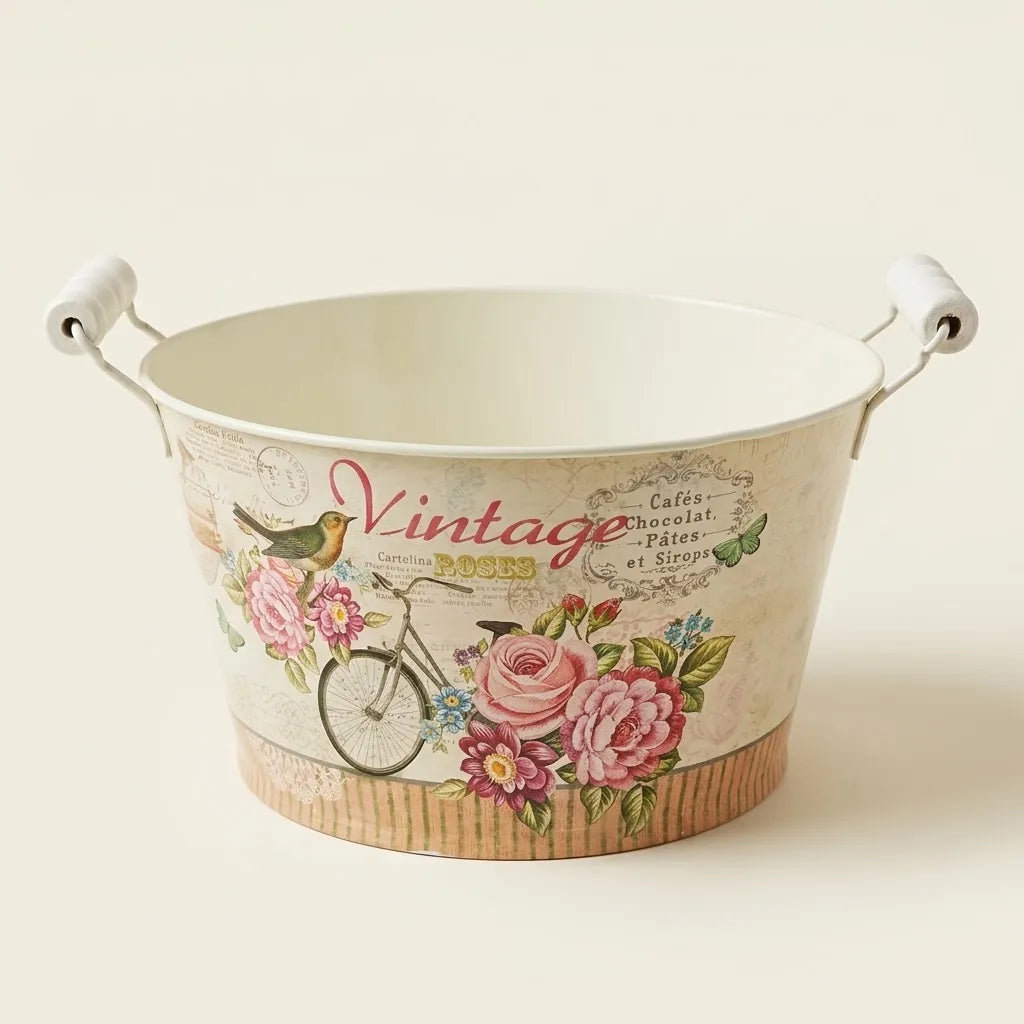 Vintage Floral Metal Planter with Handles | French Country Flower Bucket