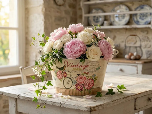Cream metal planter with floral print, filled with pink and cream roses