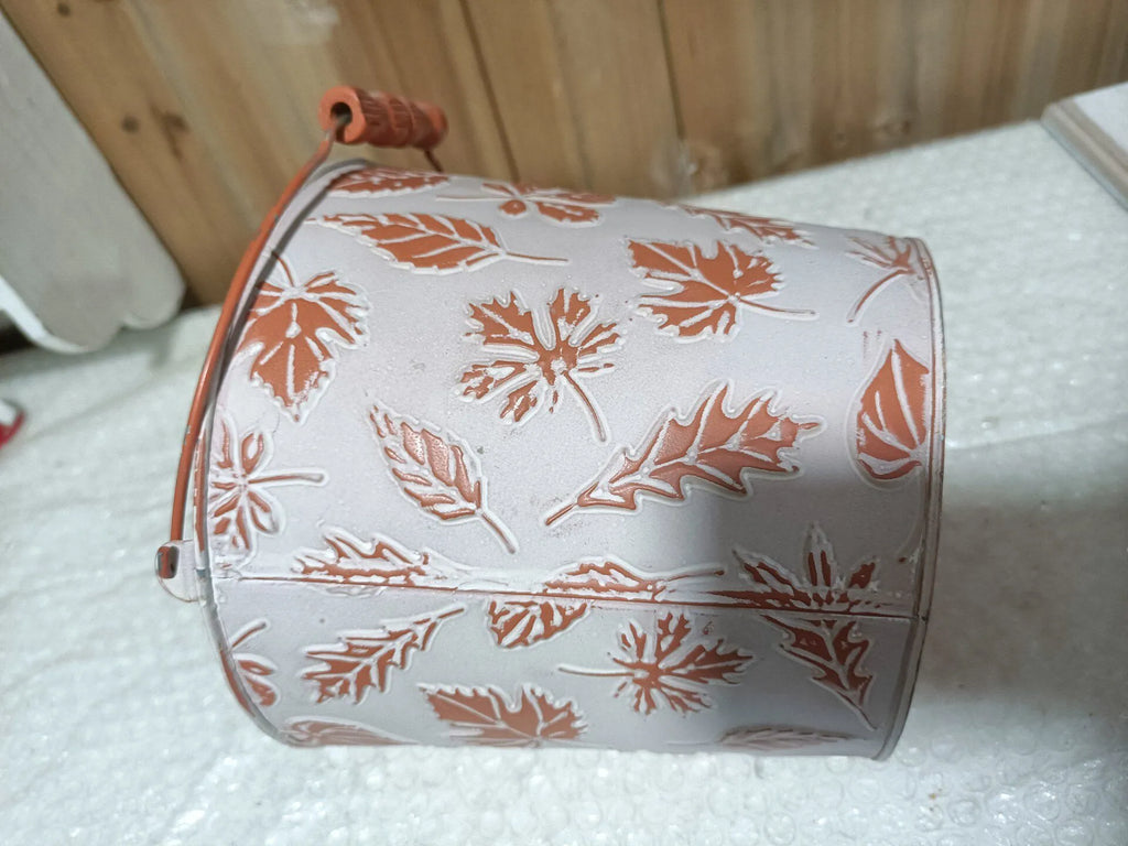 Vintage-Style Embossed Woodland Leaf Cachepot | Rustic Metal Bucket