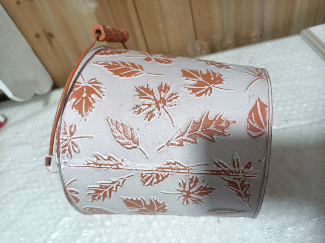 Vintage-Style Embossed Woodland Leaf Cachepot | Rustic Metal Bucket
